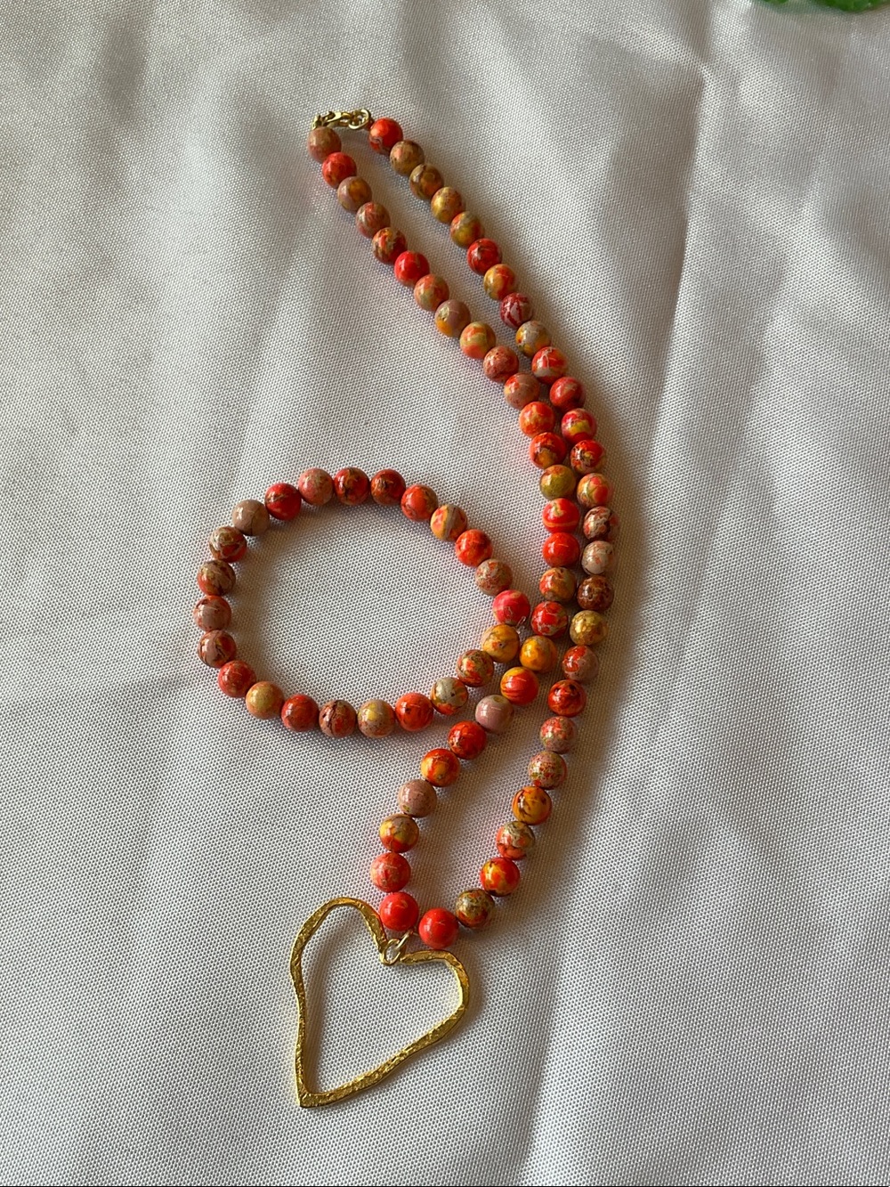 Orange Jasper Beaded Heart Pendant Necklace and Bracelet Set - Picture 2 of 2
